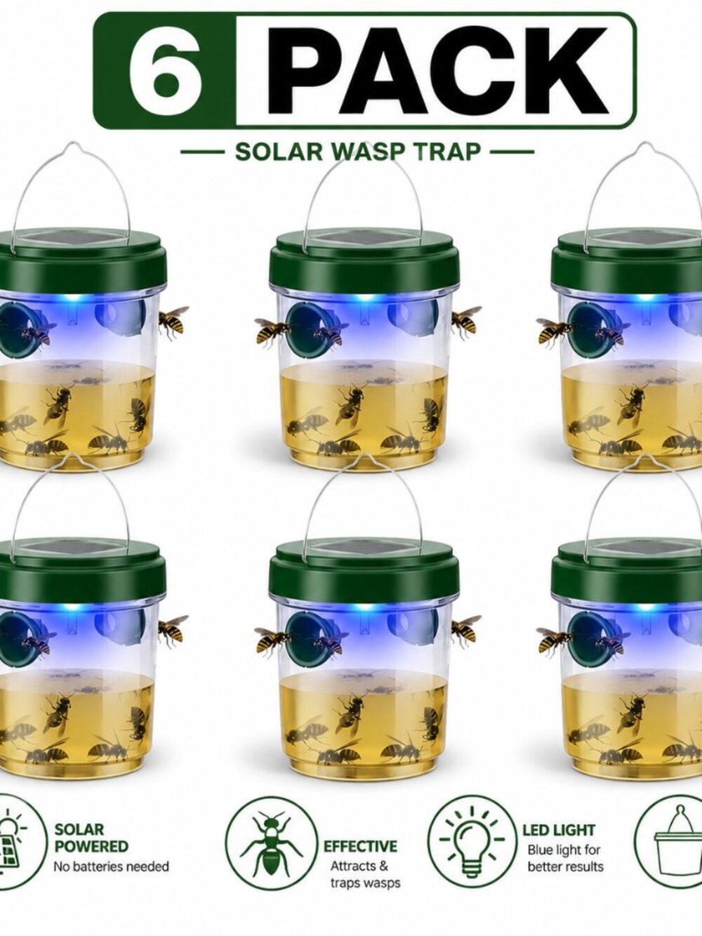 Wasp Trap Outdoor Hanging 6 Pack Solar Powered Reusable Yellow Jacket Catcher